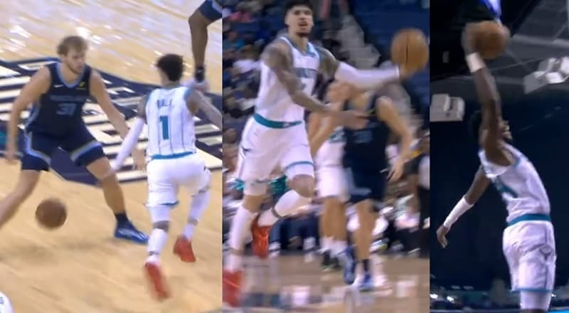 LaMelo Ball nutmegs Hawks defender Dyson Daniels, then throws perfect lob to